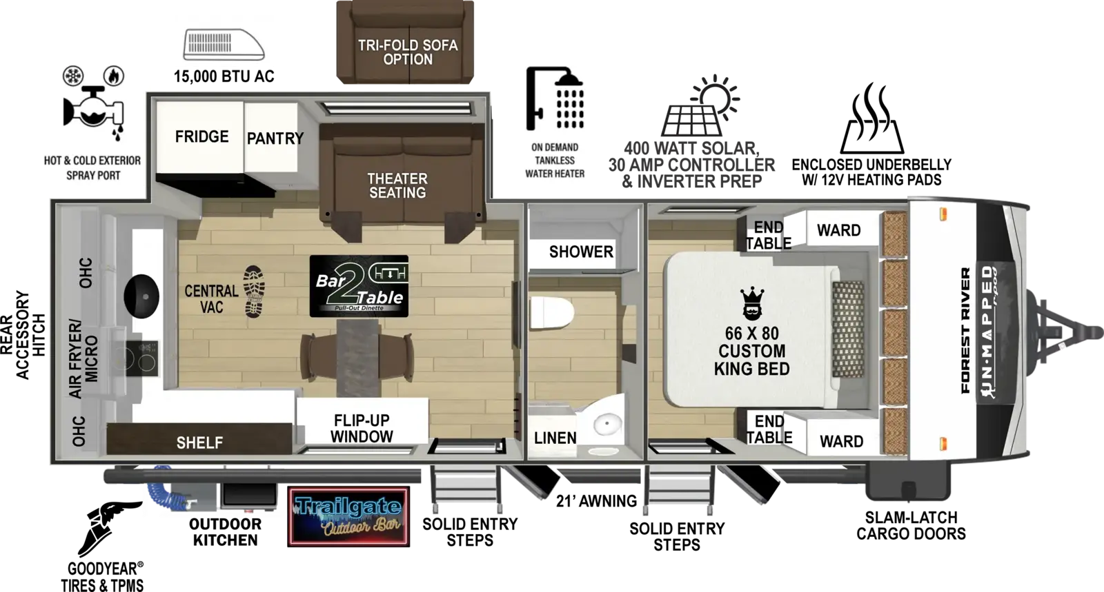 The Un-Mapped 24RK floorplan has two entries and one slide out. Exterior features include: fiberglass exterior, 21' awning and outside kitchen. Interiors features include: rear kitchen, front bedroom and pass through bathroom.