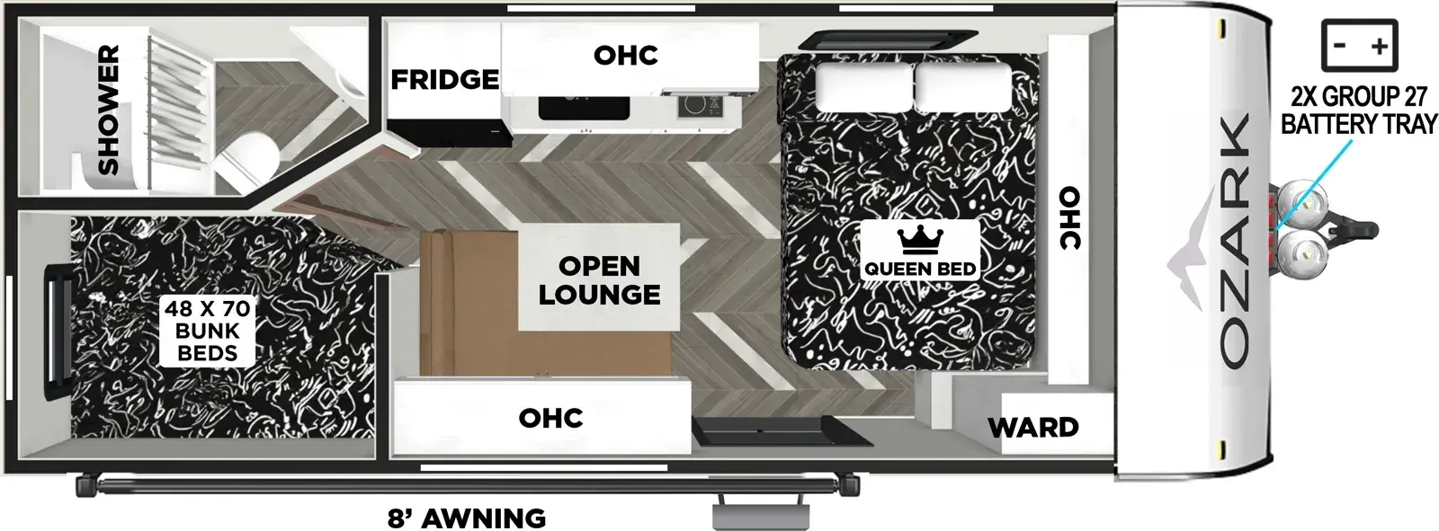 The Ozark 1620DBLE floorplan has one entry and zero slide outs. Exterior features include: metal exterior and 8' awning. Interiors features include: bunk beds and front bedroom.