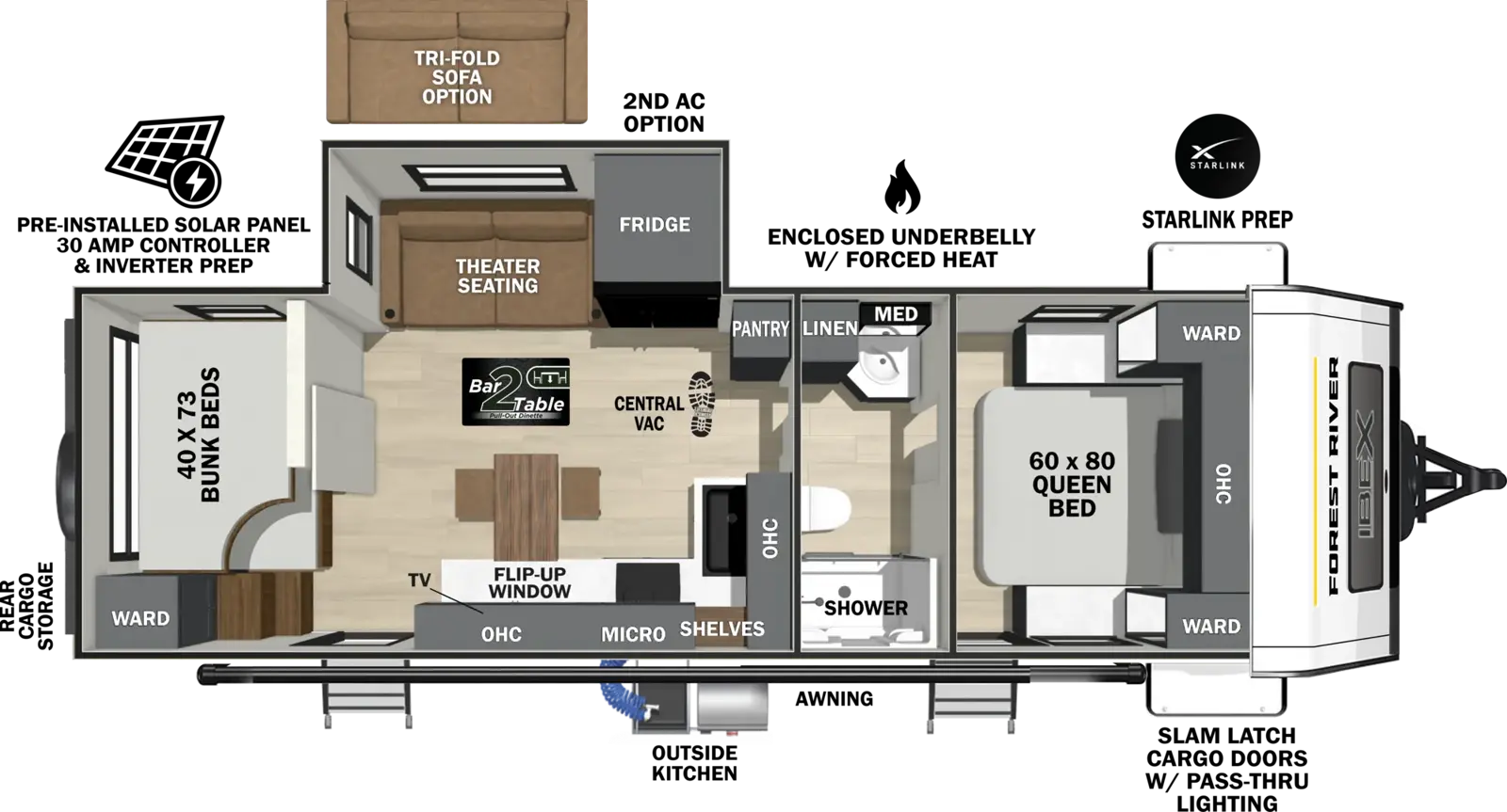 The Ibex 24BHB floorplan has two entries and one slide out. Exterior features include: fiberglass exterior and outside kitchen. Interiors features include: bunk beds, front bedroom and pass through bathroom.