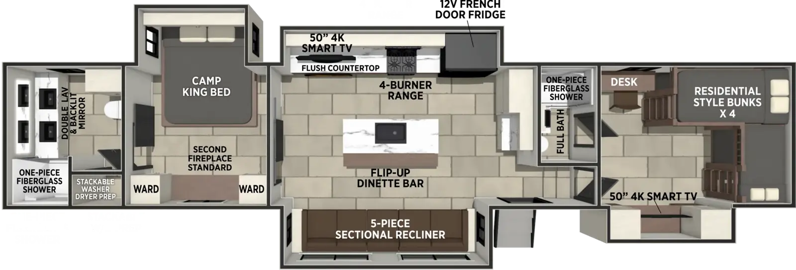 The Sanibel 40BUNK floorplan has one entry and four slide outs. Exterior features include: fiberglass exterior. Interiors features include: bunk beds, kitchen island, rear bathroom and two full bathrooms.