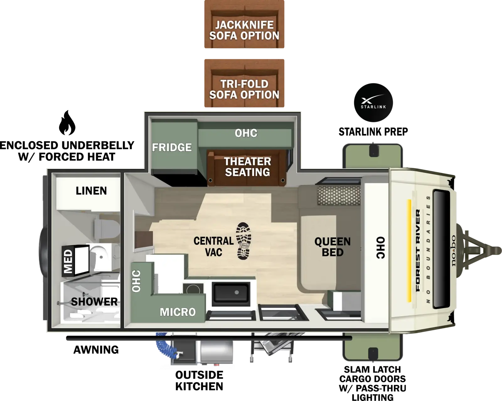 The No Boundaries NB18.3 floorplan has one entry and one slide out. Exterior features include: fiberglass exterior, 13' awning and outside kitchen. Interiors features include: front bedroom and rear bathroom.