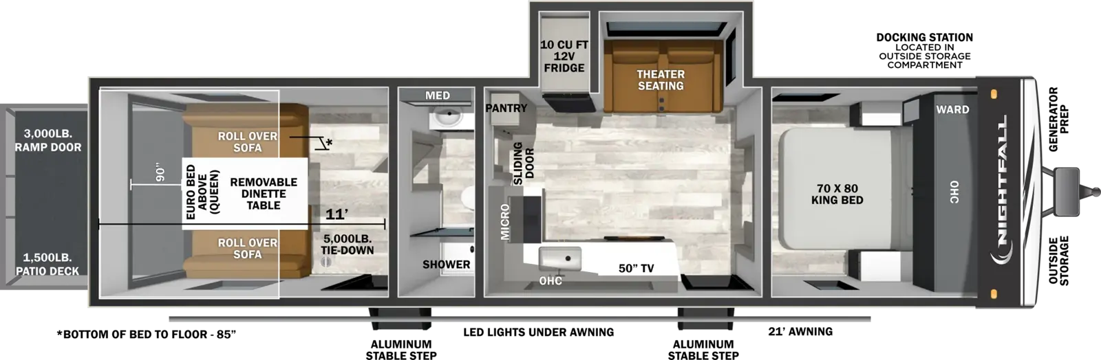 The Nightfall 29N floorplan is a toy hauler that has two entries and one slide out. Exterior features include: fiberglass exterior and 21' awning. Interiors features include: front bedroom and pass through bathroom.
