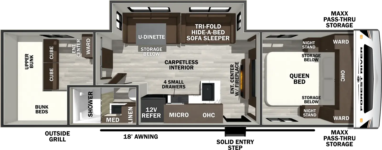 The Wildcat Travel Trailers 281QBEDS floorplan has one entry and one slide out. Exterior features include: fiberglass exterior and 18' awning. Interiors features include: bunk beds, u-dinette and front bedroom.