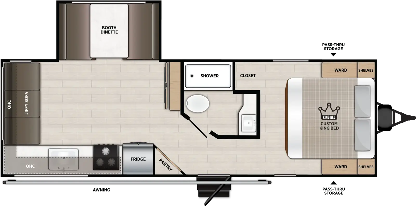The X-Lite 25RLXL floorplan has one entry and one slide out. Exterior features include: metal exterior. Interiors features include: front bedroom.