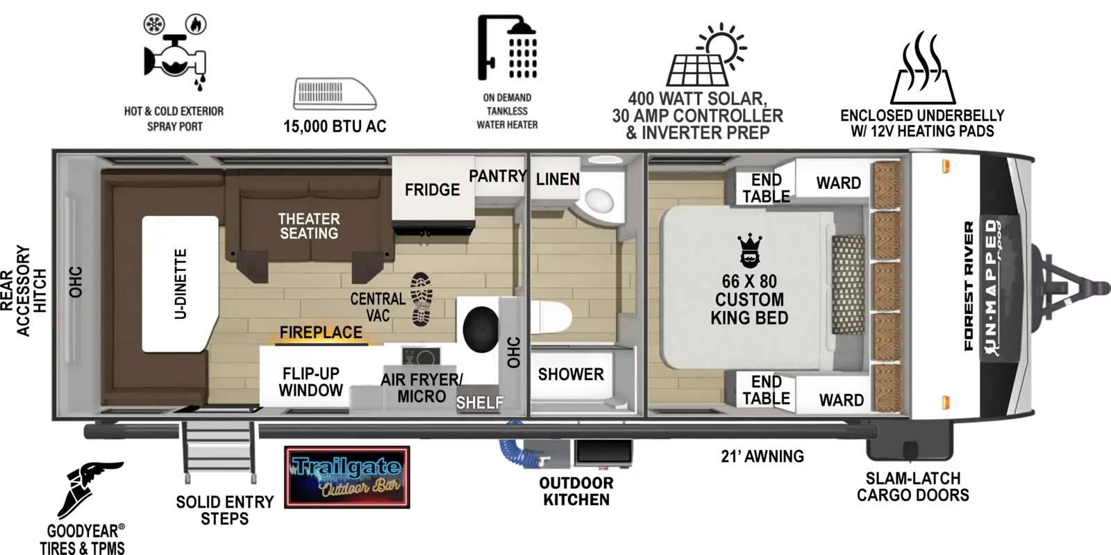 The Un-Mapped 26RD floorplan has one entry and zero slide outs. Exterior features include: fiberglass exterior, 21' awning and outside kitchen. Interiors features include: front bedroom.