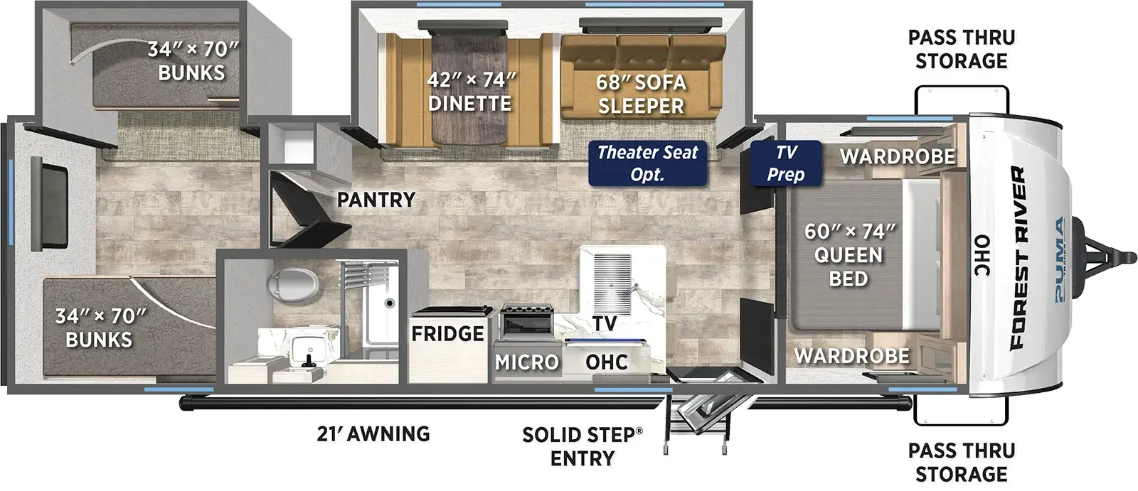 The Puma Tracks 302BHS floorplan has one entry and two slide outs. Exterior features include: fiberglass exterior and 21' awning. Interiors features include: bunk beds and front bedroom.