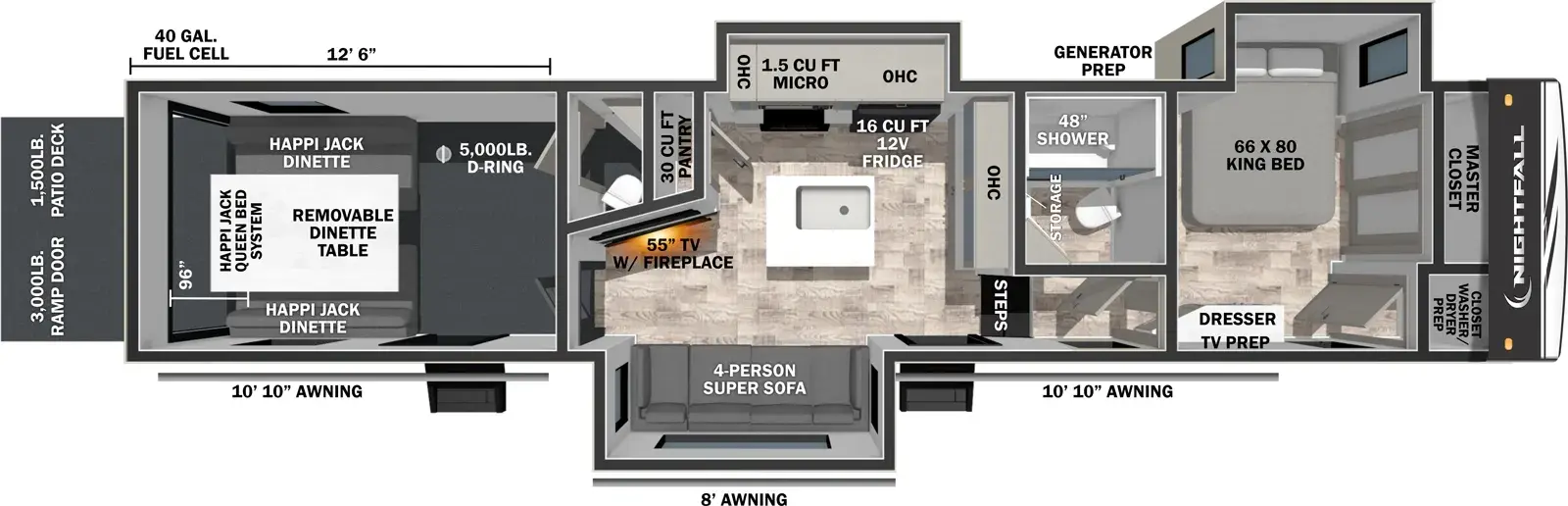 The Nightfall 343NHD floorplan is a toy hauler that has two entries and three slide outs. Exterior features include: fiberglass exterior, 10'10", 8' and & 10'10" awning. Interiors features include: kitchen island, front bedroom and bathroom and a half.