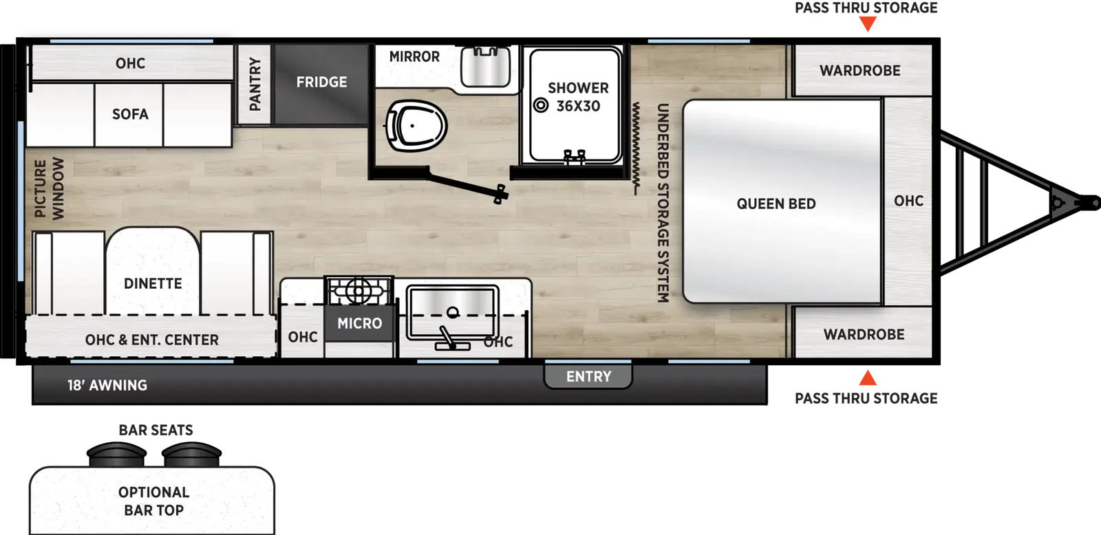 The Viking Travel Trailers 242MK floorplan has one entry and zero slide outs. Exterior features include: metal exterior and 18' awning. Interiors features include: front bedroom.