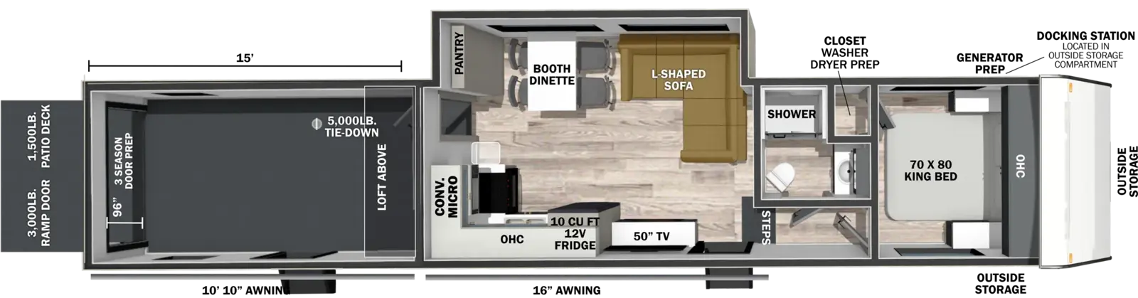 The XLR Boost 310BX floorplan is a toy hauler that has one entry and two slide outs. Exterior features include: fiberglass exterior and 21' awning. Interiors features include: front bedroom.