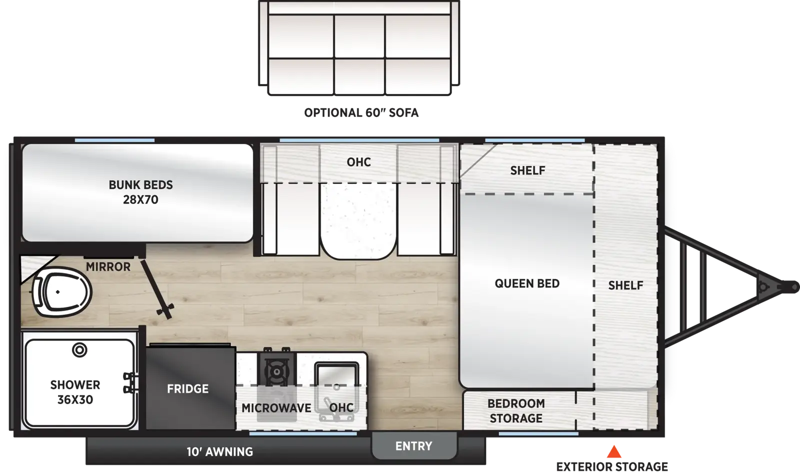 The Viking Travel Trailers 17BH floorplan has one entry and zero slide outs. Exterior features include: metal exterior and 10' awning. Interiors features include: bunk beds and front bedroom.