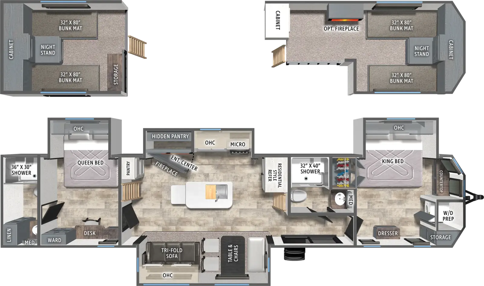 The Puma Destination 421LFT floorplan has one entry and four slide outs. Exterior features include: metal exterior. Interiors features include: loft, kitchen island, free-standing dinette option, front bedroom, two bedrooms and rear bathroom.