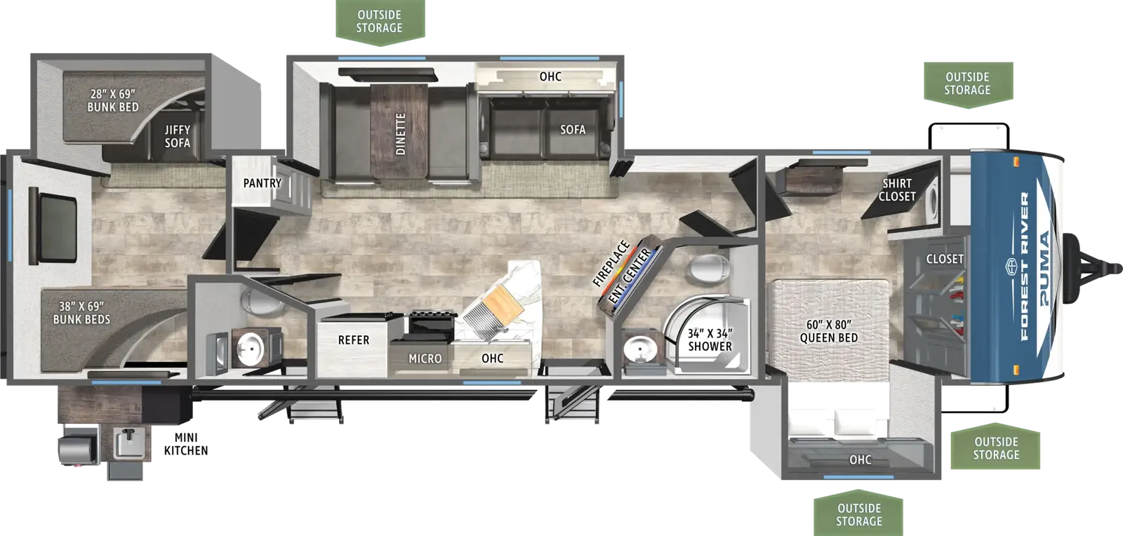 The Puma 32BHQS floorplan has two entries and three slide outs. Exterior features include: metal exterior, 21' awning and outside kitchen. Interiors features include: bunk beds, front bedroom and bathroom and a half.