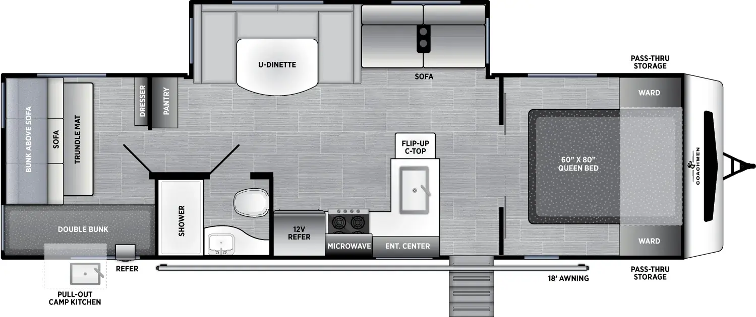 The Freedom Express Select 30SE floorplan has one entry and one slide out. Exterior features include: fiberglass exterior, 18' awning and outside kitchen. Interiors features include: bunk beds, u-dinette and front bedroom.