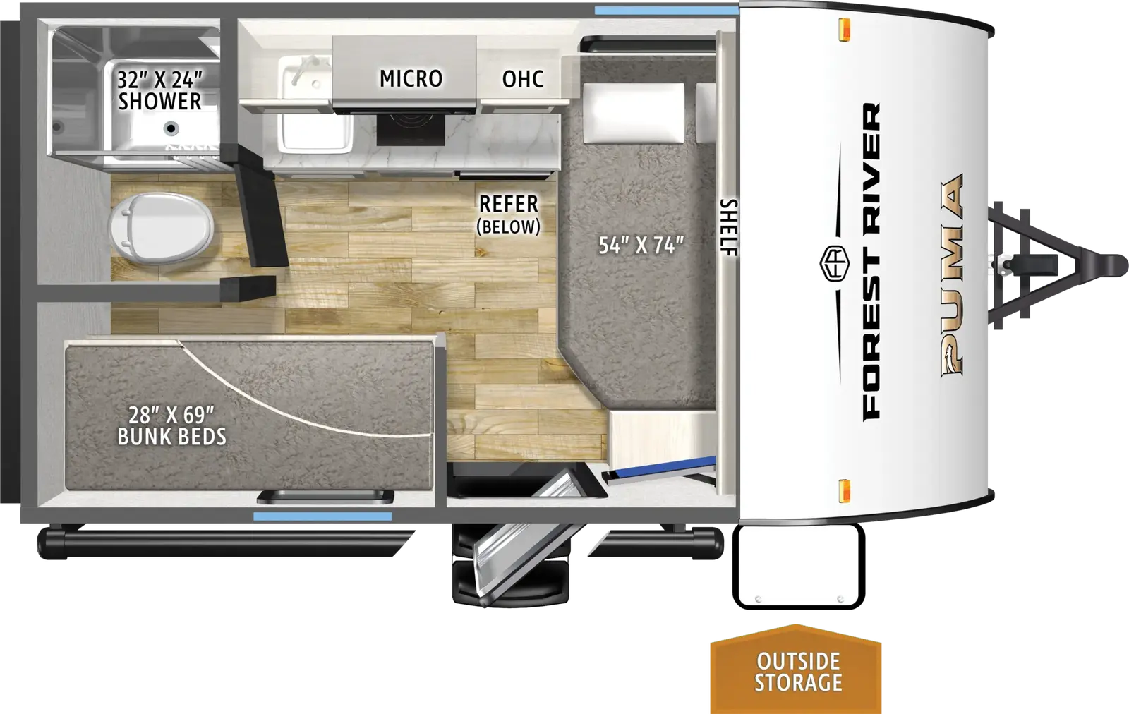 The Puma Camping Edition 130BHCE floorplan has one entry and zero slide outs. Exterior features include: metal exterior. Interiors features include: bunk beds and front bedroom.