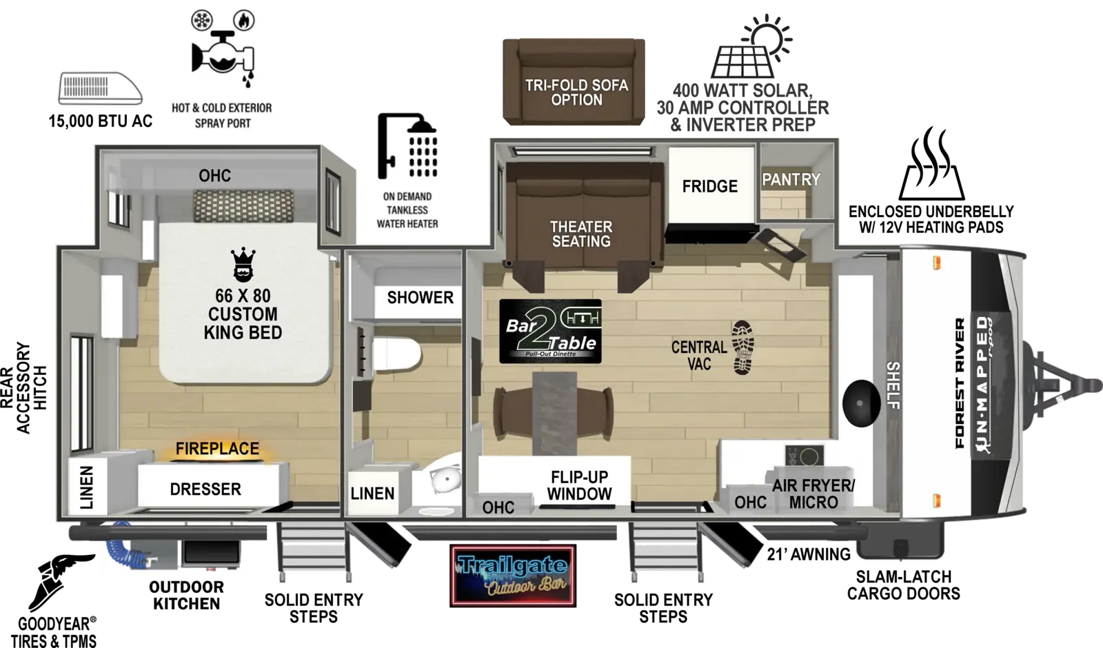 The Un-Mapped 25FK floorplan has two entries and two slide outs. Exterior features include: fiberglass exterior, 21' awning and outside kitchen. Interiors features include: front kitchen, rear bedroom and pass through bathroom.