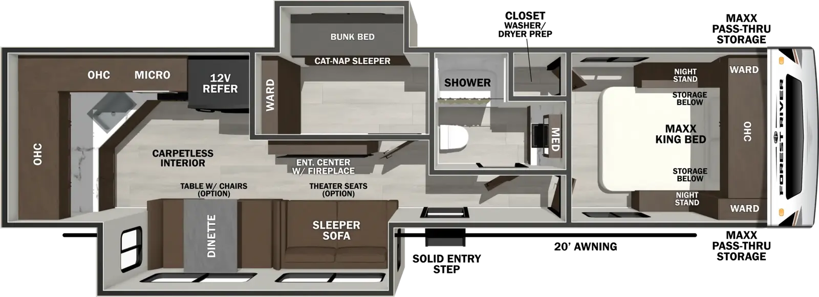 The Wildcat Travel Trailers 305MBX floorplan has one entry and two slide outs. Exterior features include: fiberglass exterior and 20' awning. Interiors features include: bunk beds, rear kitchen and front bedroom.