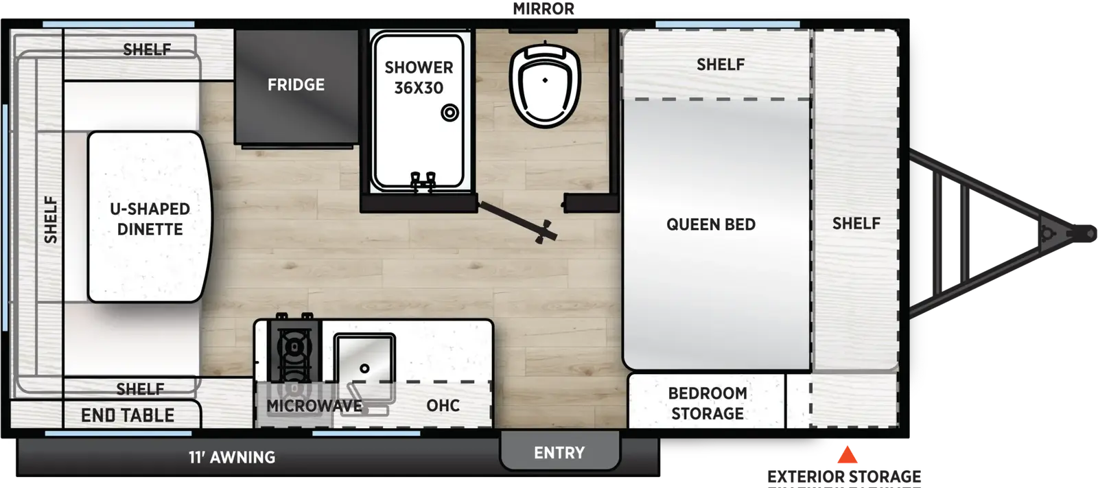 The Viking Travel Trailers 17RD floorplan has one entry and zero slide outs. Exterior features include: metal exterior and 11' awning. Interiors features include: u-dinette and front bedroom.