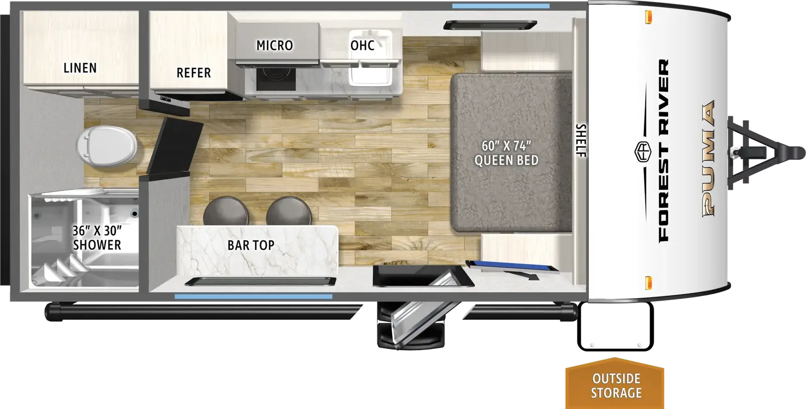 The Puma Camping Edition 17COUPLE floorplan has one entry and zero slide outs. Exterior features include: metal exterior. Interiors features include: front bedroom and rear bathroom.