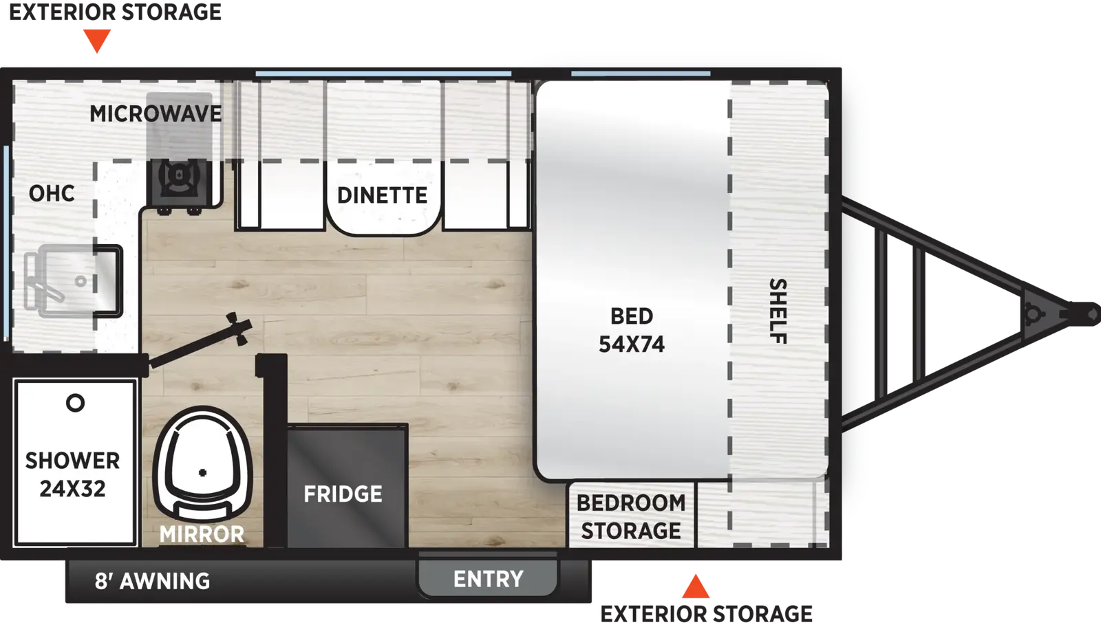 The Viking Travel Trailers 12RKX floorplan has one entry and zero slide outs. Exterior features include: metal exterior and 8' awning. Interiors features include: front bedroom.