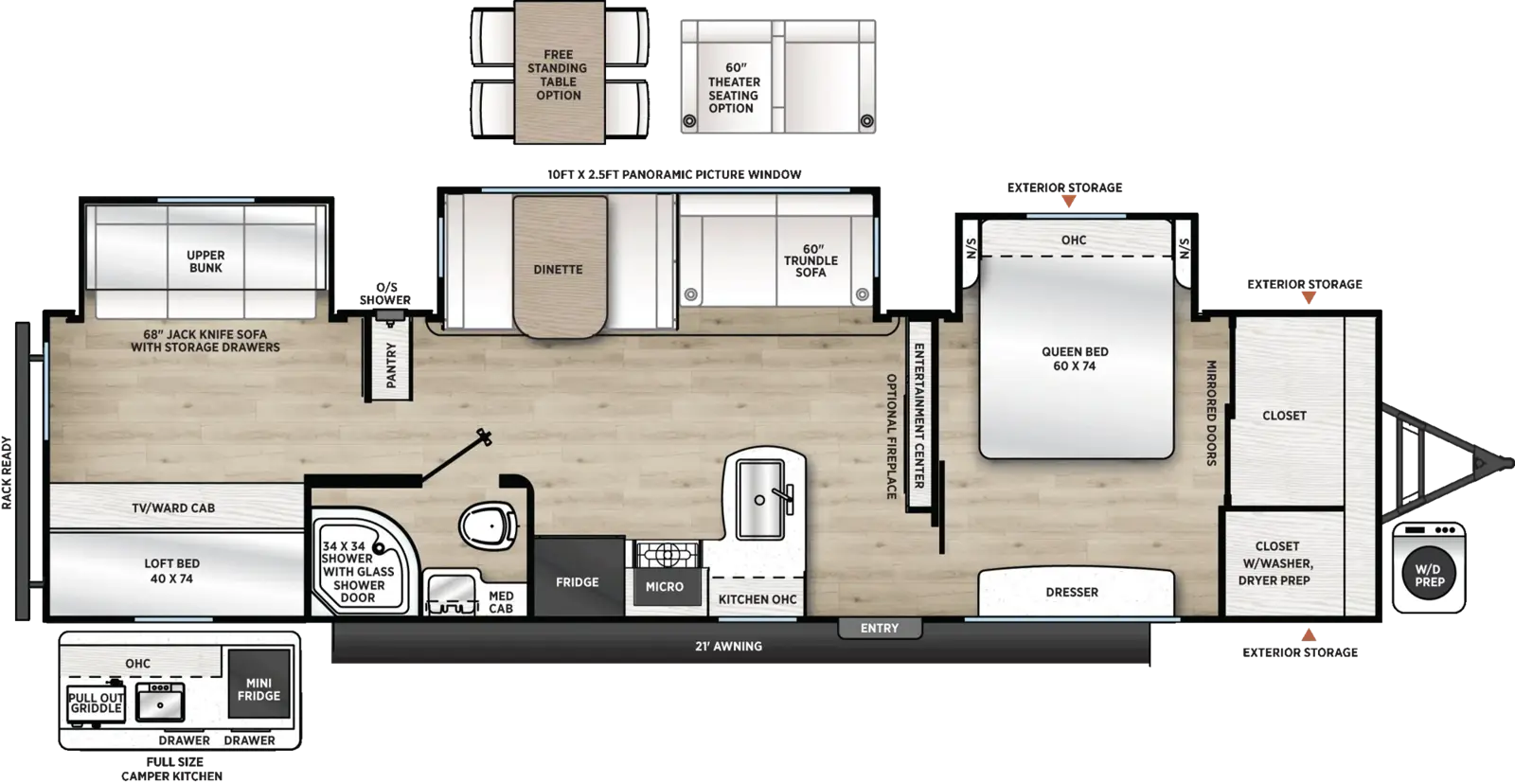 The Catalina Legacy Edition 343BHTS floorplan has one entry and three slide outs. Exterior features include: metal exterior, 21' awning and outside kitchen. Interiors features include: bunk beds, free-standing dinette option and front bedroom.