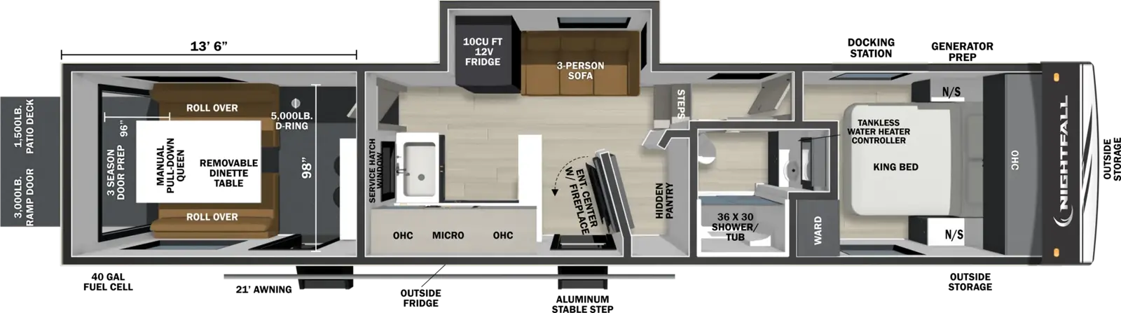 The Nightfall 350N floorplan is a toy hauler that has two entries and two slide outs. Exterior features include: fiberglass exterior and 21' awning. 