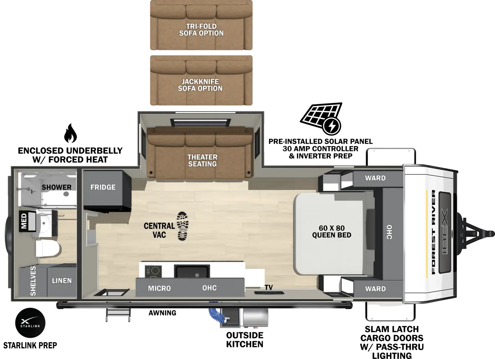 The Ibex 19QRB floorplan has one entry and one slide out. Exterior features include: fiberglass exterior and 16' awning. Interiors features include: front bedroom and rear bathroom.