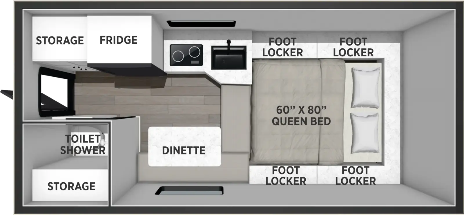 The Real-Lite Truck Camper SS-1608 floorplan features include: toilet.