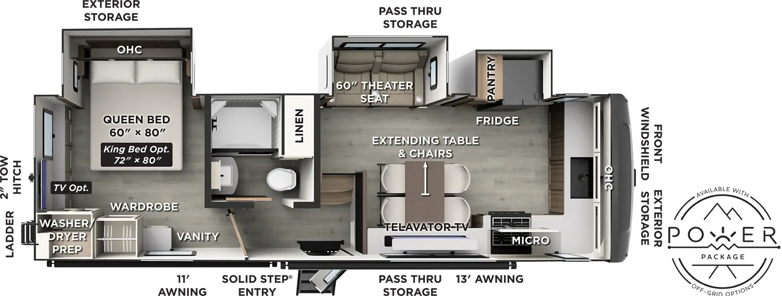 The Flagstaff Classic Fifth Wheels 290CFK floorplan has one entry and three slide outs. Exterior features include: fiberglass exterior and 11' & 13' awning. Interiors features include: front kitchen and rear bedroom.