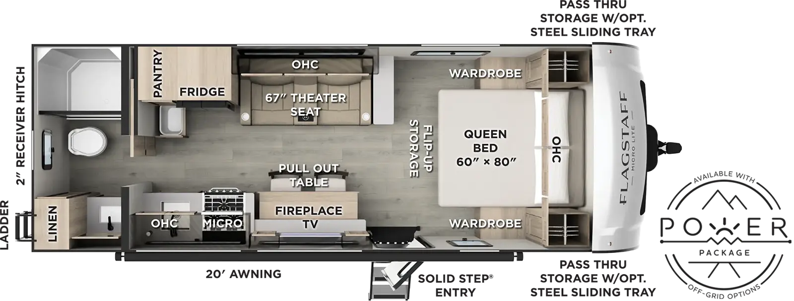 The Flagstaff Micro Lite 25FBT floorplan has one entry and zero slide outs. Exterior features include: fiberglass exterior and 20' awning. Interiors features include: front bedroom and rear bathroom.