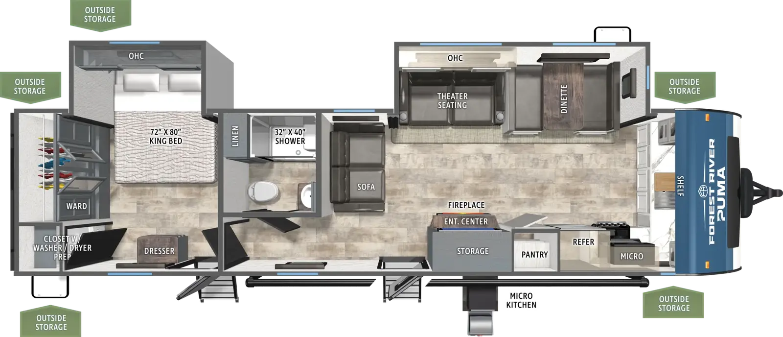 The Puma 31FKRK floorplan has two entries and two slide outs. Exterior features include: metal exterior, 21' awning and outside kitchen. Interiors features include: front kitchen and rear bedroom.