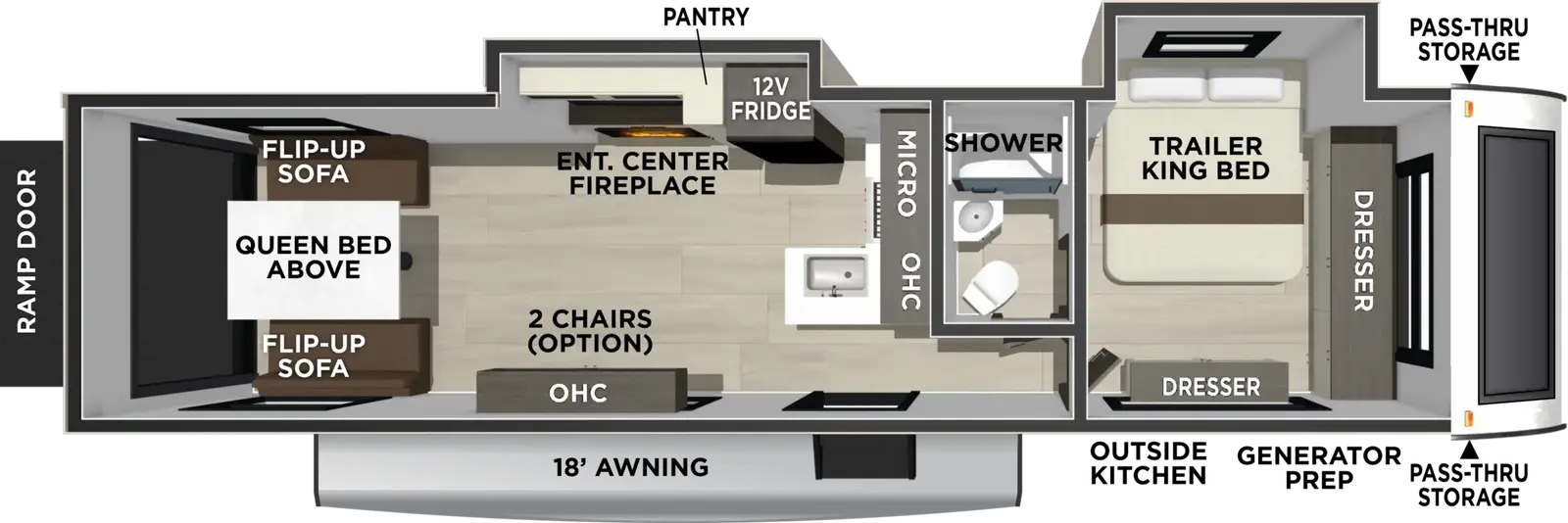 The Vengeance Rogue Armored Travel Trailers 28L160 floorplan is a toy hauler that has one entry and two slide outs. Exterior features include: fiberglass exterior, 18' awning and outside kitchen. Interiors features include: front bedroom.