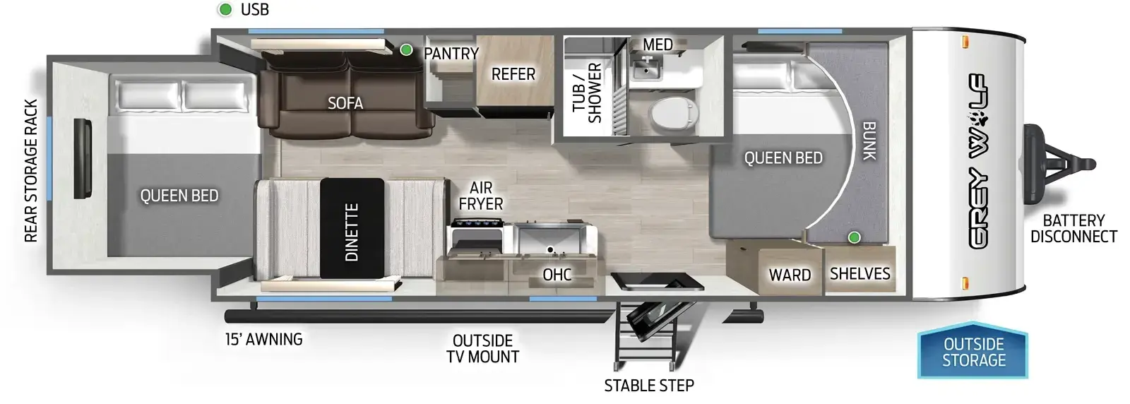 The Cherokee Black Label 19SMBL floorplan has one entry and one slide out. Exterior features include: fiberglass exterior and 15' awning. Interiors features include: front bedroom, rear bedroom and two bedrooms.