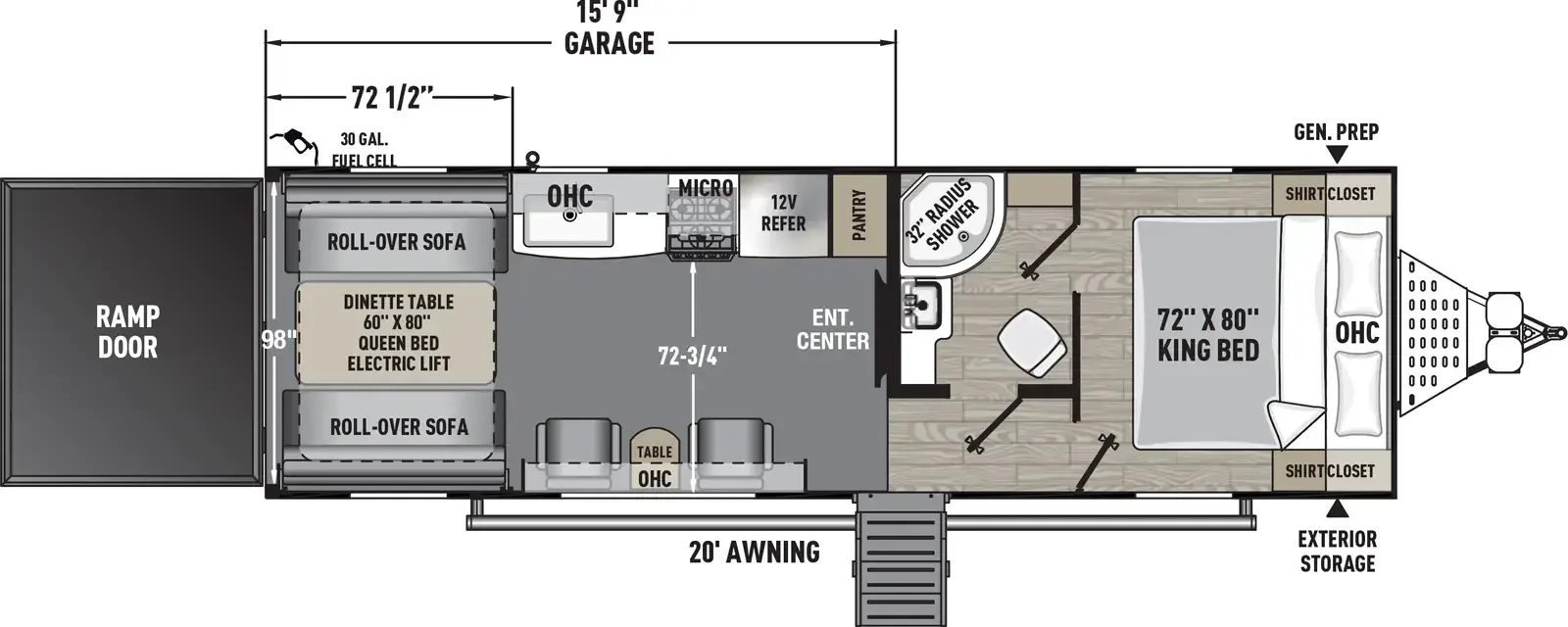 The Work and Play 27KB floorplan is a toy hauler that has one entry and zero slide outs. Exterior features include: fiberglass exterior and 20' awning. Interiors features include: front bedroom.