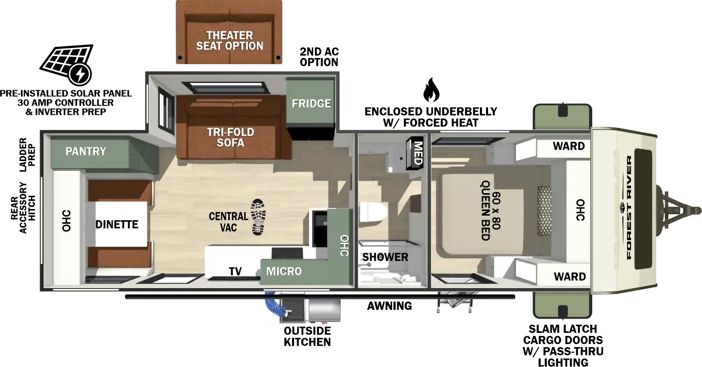 The No Boundaries NB20.7 floorplan has two entries and one slide out. Exterior features include: fiberglass exterior, 19' awning and outside kitchen. Interiors features include: front bedroom and pass through bathroom.