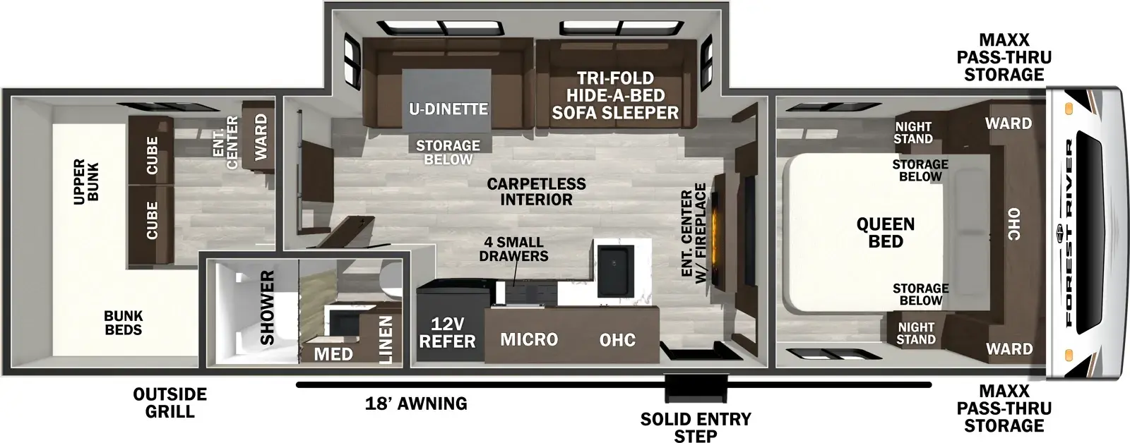 The Wildcat Travel Trailers 281QBEDS floorplan has one entry and one slide out. Exterior features include: fiberglass exterior and 18' awning. Interiors features include: bunk beds, u-dinette and front bedroom.