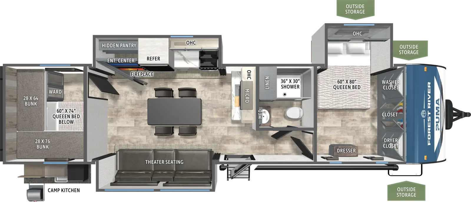 The Puma 350BH floorplan has one entry and three slide outs. Exterior features include: metal exterior and outside kitchen. Interiors features include: bunk beds, kitchen island, front bedroom, rear bedroom and two bedrooms.