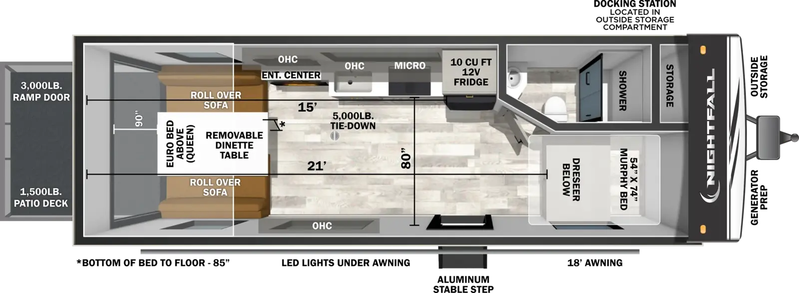 The Nightfall 22N floorplan is a toy hauler that has one entry and zero slide outs. Exterior features include: fiberglass exterior and 18' awning. Interiors features include: murphy bed.