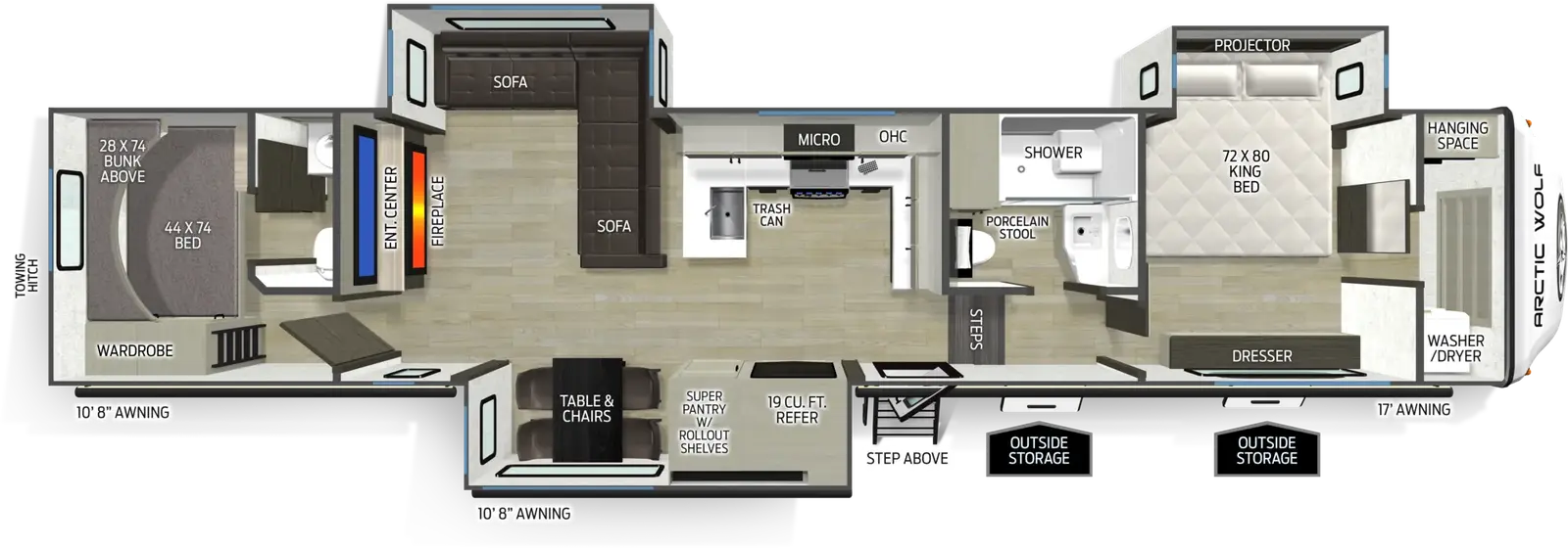The Arctic Wolf 39LEAH.G floorplan has one entry and three slide outs. Exterior features include: fiberglass exterior, 10'8 and 10'8" & 17' awning. Interiors features include: bunk beds, free-standing dinette option, front bedroom and bathroom and a half.