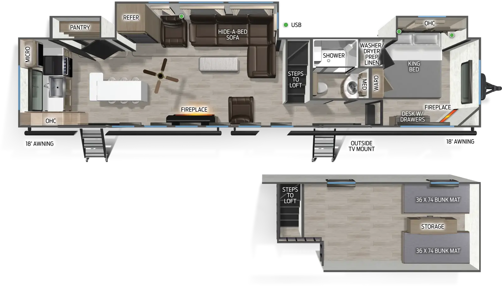 The Cascade 391RKC floorplan has two entries and three slide outs. Exterior features include: metal exterior and 18' & 18' awning. Interiors features include: loft, rear kitchen, kitchen island and front bedroom.