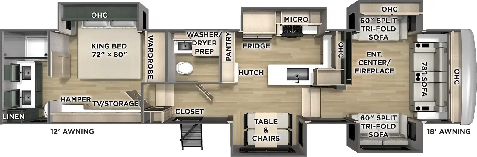 The Puma Mesa 389FLH floorplan has one entry and five slide outs. Exterior features include: fiberglass exterior and 12' & 18' awning. Interiors features include: free-standing dinette option, front living, rear bathroom and bathroom and a half.