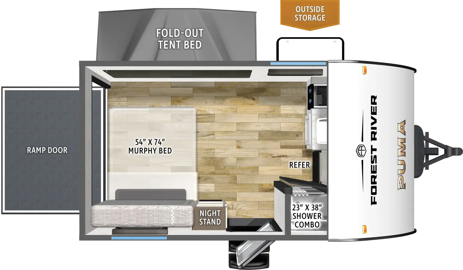 The Puma Camping Edition 141THCE floorplan is a toy hauler that has one entry and zero slide outs. Exterior features include: metal exterior and 9' awning. Interiors features include: front kitchen and rear bedroom.