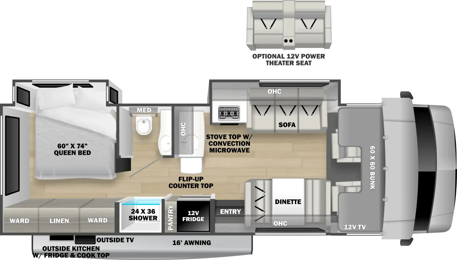 The Solera 2862DSF floorplan has one entry and two slide outs. Exterior features include: 16' awning and outside kitchen. Interiors features include: rear bedroom and bunk over cab.