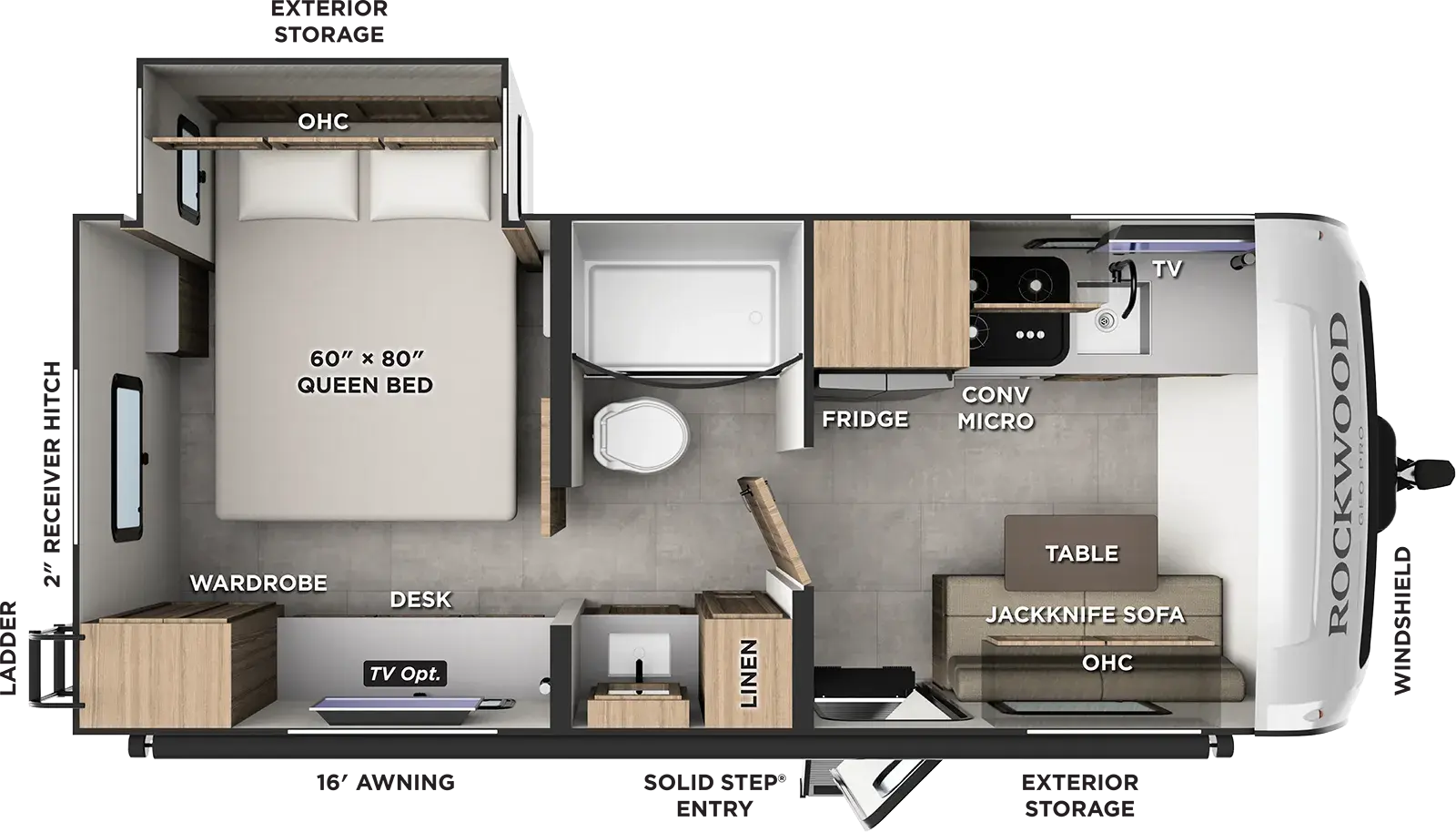 The Rockwood Geo Pro G20RBS floorplan has one entry and one slide out. Exterior features include: fiberglass exterior and 16' awning. Interiors features include: rear bedroom.