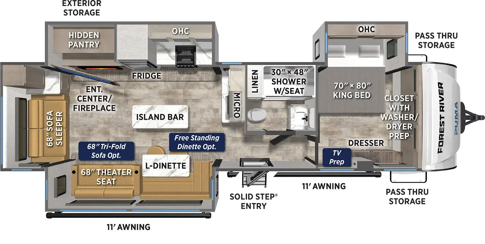 The Puma Tracks 3380RLBT floorplan has one entry and three slide outs. Exterior features include: fiberglass exterior and 11' & 11' awning. Interiors features include: kitchen island, front bedroom and rear living.