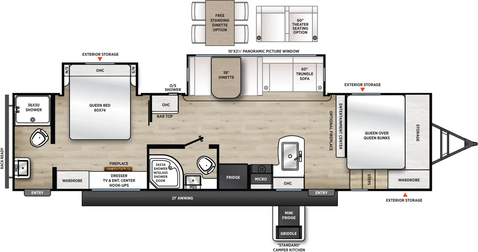 The Catalina Legacy Edition 333DBDSCK floorplan has two entries and two slide outs. Exterior features include: metal exterior, 21' awning and outside kitchen. Interiors features include: bunk beds, free-standing dinette option, rear bathroom and two full bathrooms.