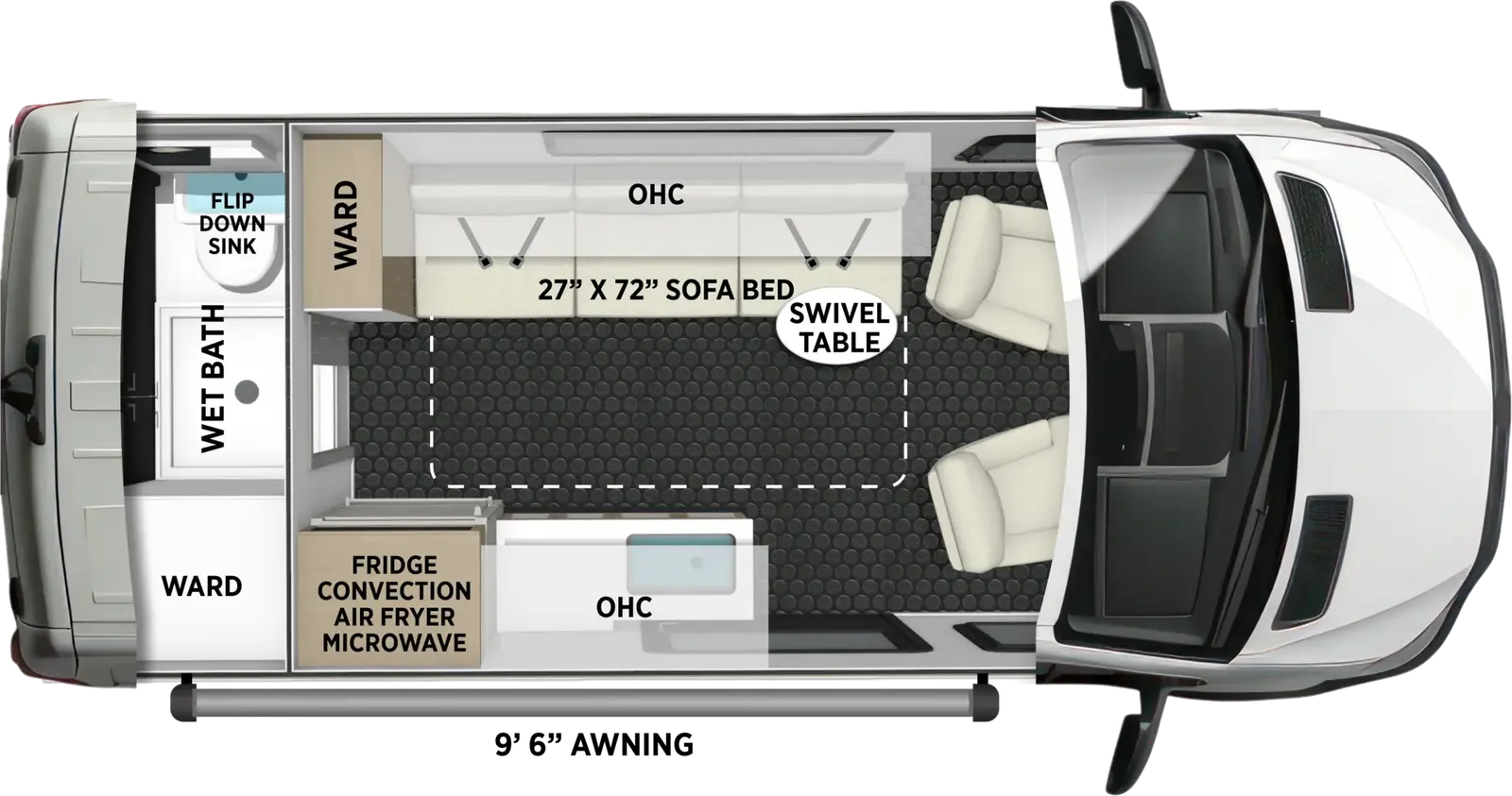 The Pixel P1.8RB floorplan has one entry and zero slide outs. Exterior features include: 9' awning. Interiors features include: rear bathroom.