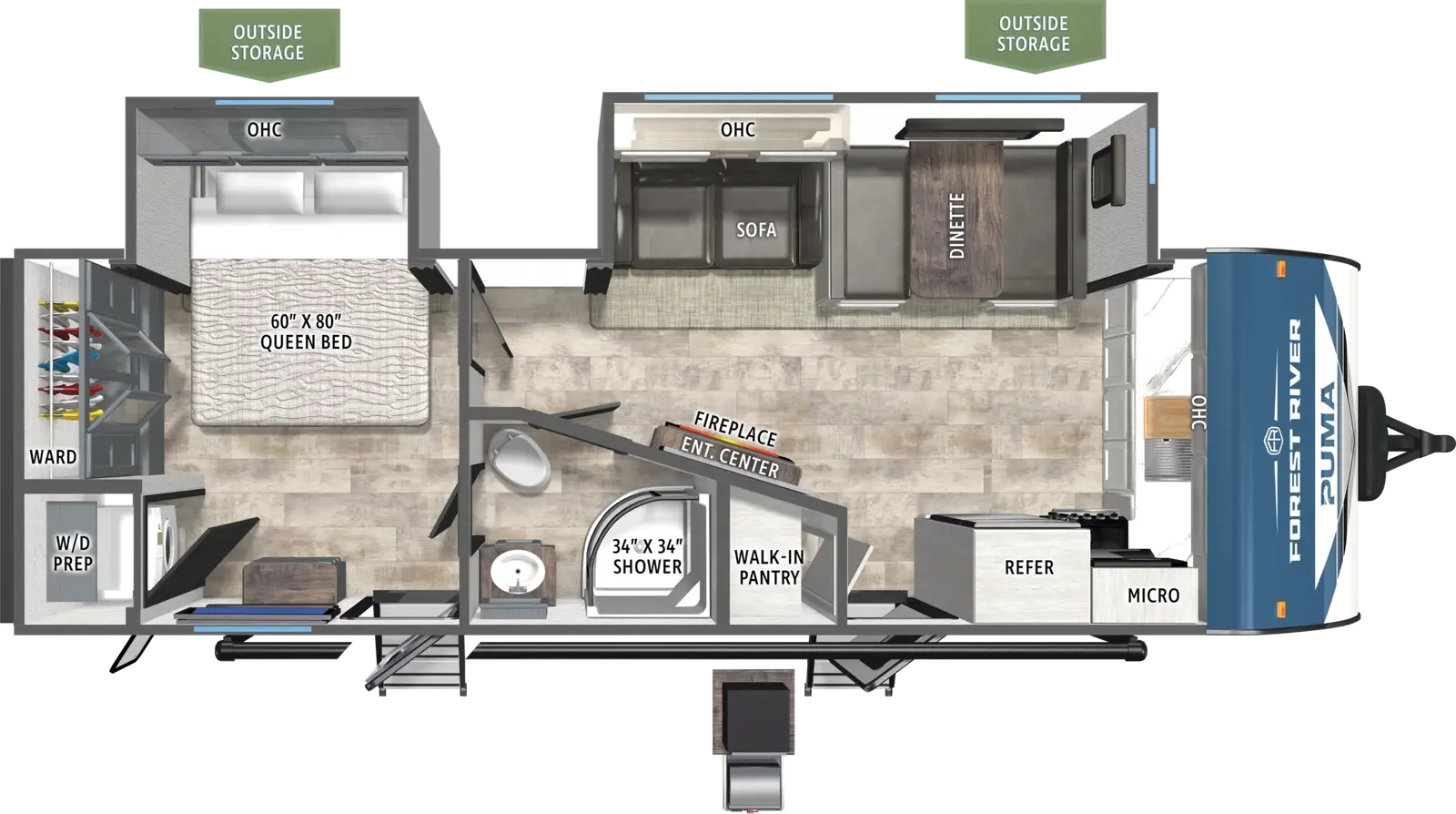The Puma 26FKDS floorplan has two entries and two slide outs. Exterior features include: metal exterior, 20' awning and outside kitchen. Interiors features include: front kitchen and rear bedroom.