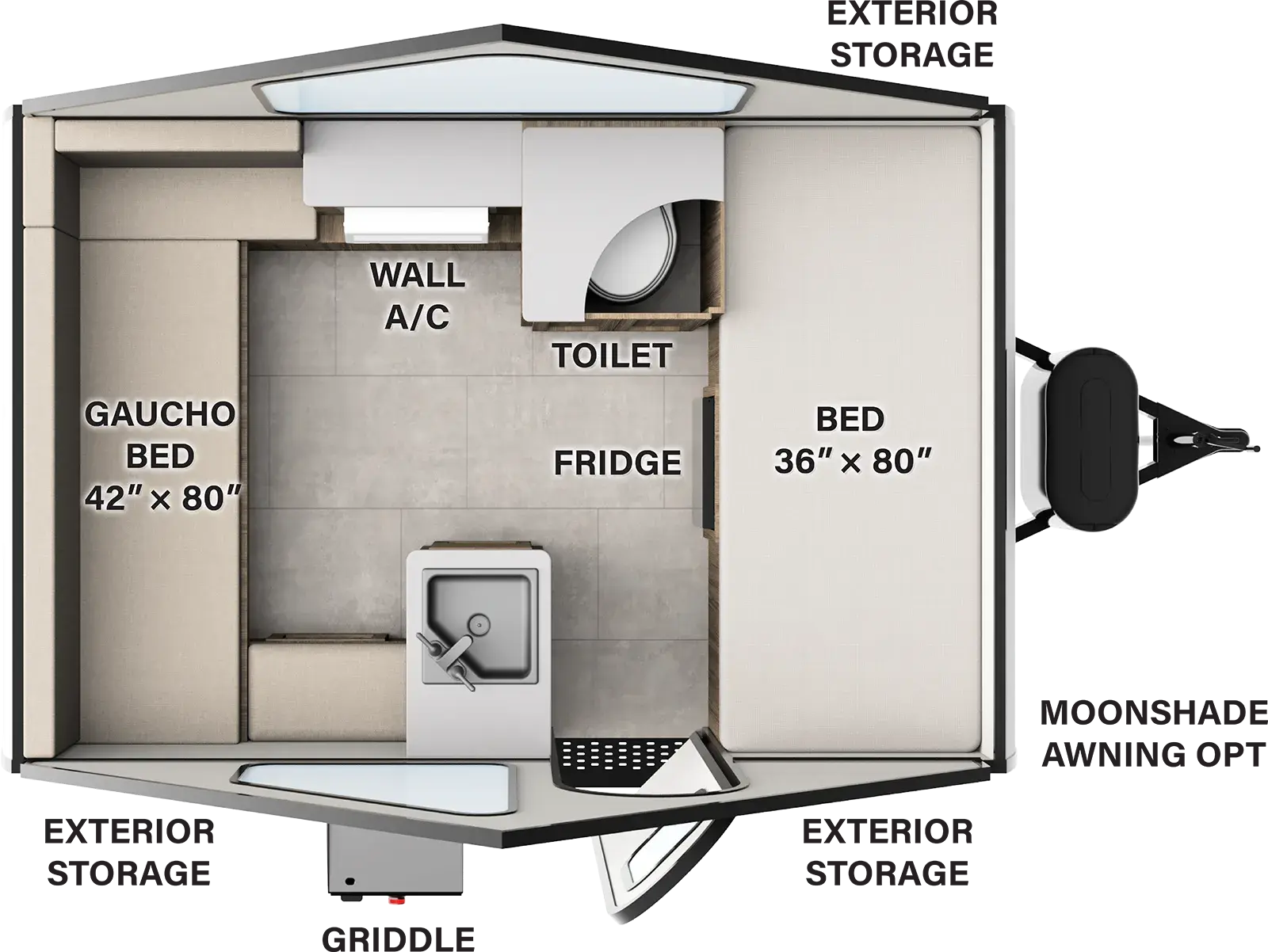 The Flagstaff A-Frame T10FB floorplan features include: toilet and hard sides.