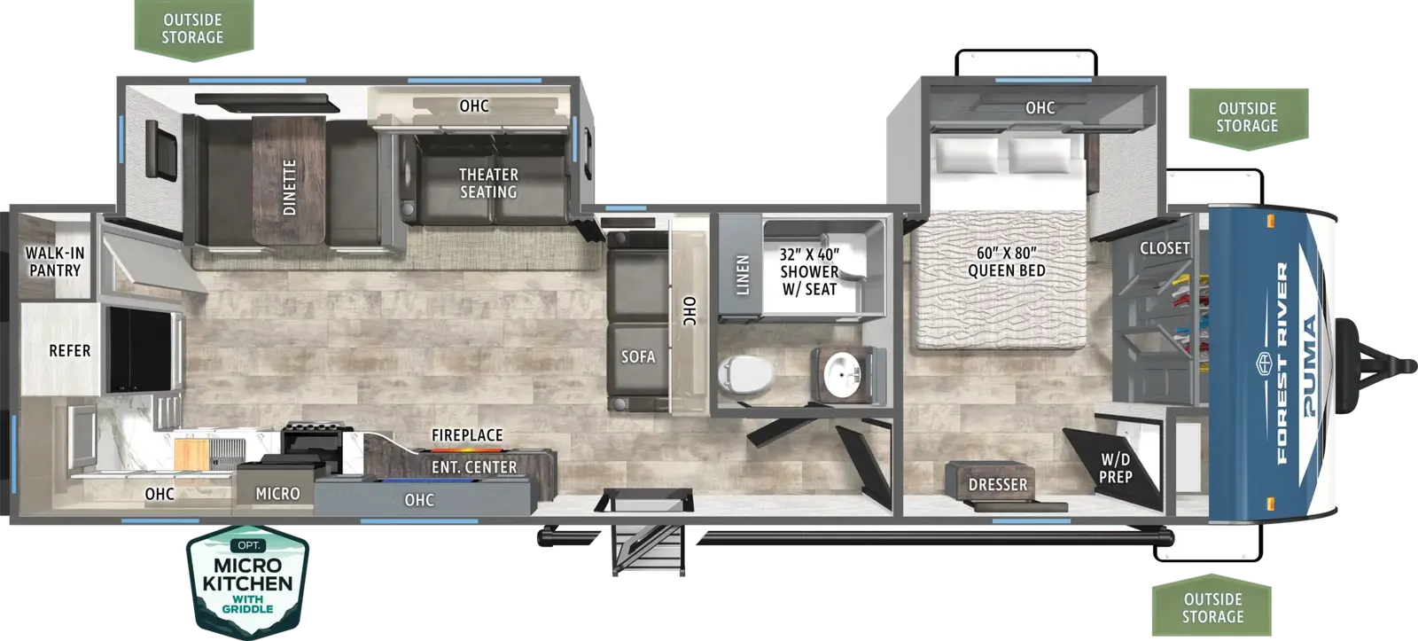 The Puma 30RKQS floorplan has one entry and two slide outs. Exterior features include: metal exterior, 21' awning and outside kitchen. Interiors features include: rear kitchen and front bedroom.