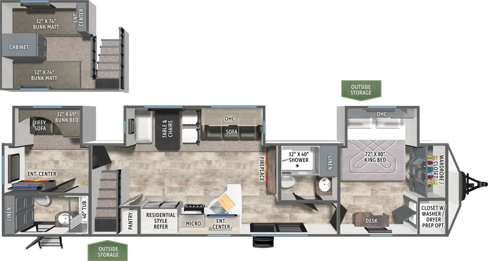 The Puma Destination 429LFT floorplan has two entries and three slide outs. Exterior features include: metal exterior and 21' awning. Interiors features include: bunk beds, loft, free-standing dinette option, front bedroom and two full bathrooms.
